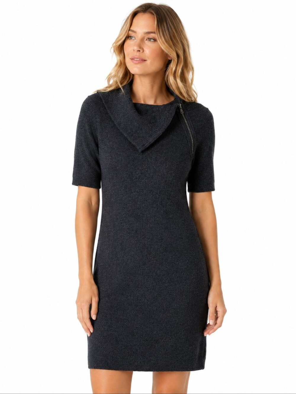 Calvin Klein Cowl Zip Neck Knit Sweater Dress XS‎ Charcoal Stretch Neutral